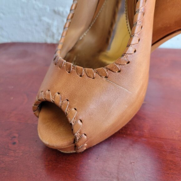Gucci Brown Leather Whipstitch Peep-Toe Platform Pumps Size EU 37.5 (US 7-7.5) - Picture 10 of 13